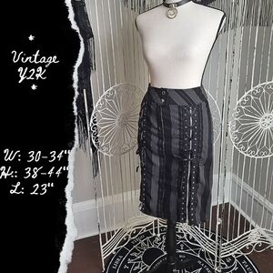 Y2K Dual Zipper Leg Corset Front Pinstripe Pencil Midi Skirt Vintage Goth